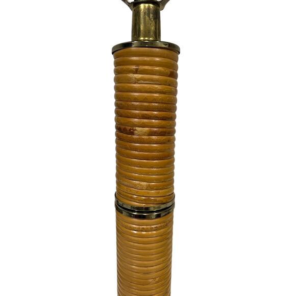 Rattan MCM Table Lamp Vintage Brass Trim Tiki BOHO Beige Gold Mid Century 28" - Picture 5 of 14